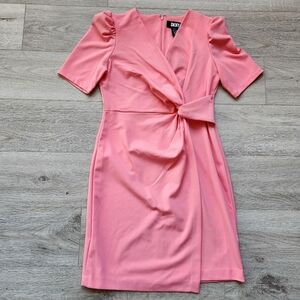 Dkny Coral Pink Dress Womens 10 Faux Wrap Side Knot V Neck Business Wedding Nwt